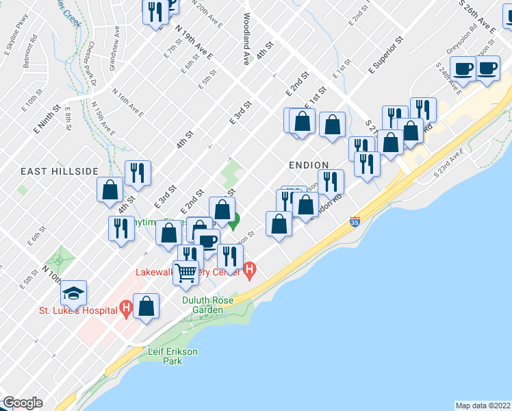 map of restaurants, bars, coffee shops, grocery stores, and more near 1610 East Superior Street in Duluth