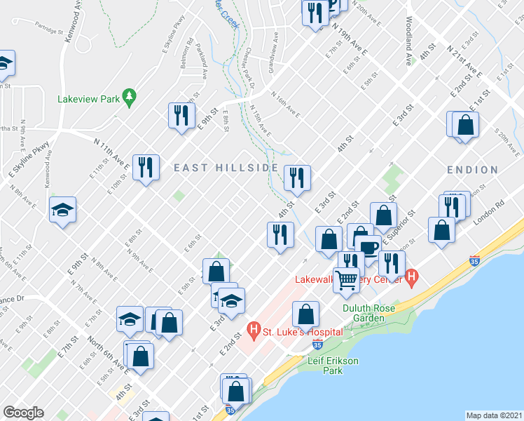 map of restaurants, bars, coffee shops, grocery stores, and more near 511 North 13th Avenue East in Duluth