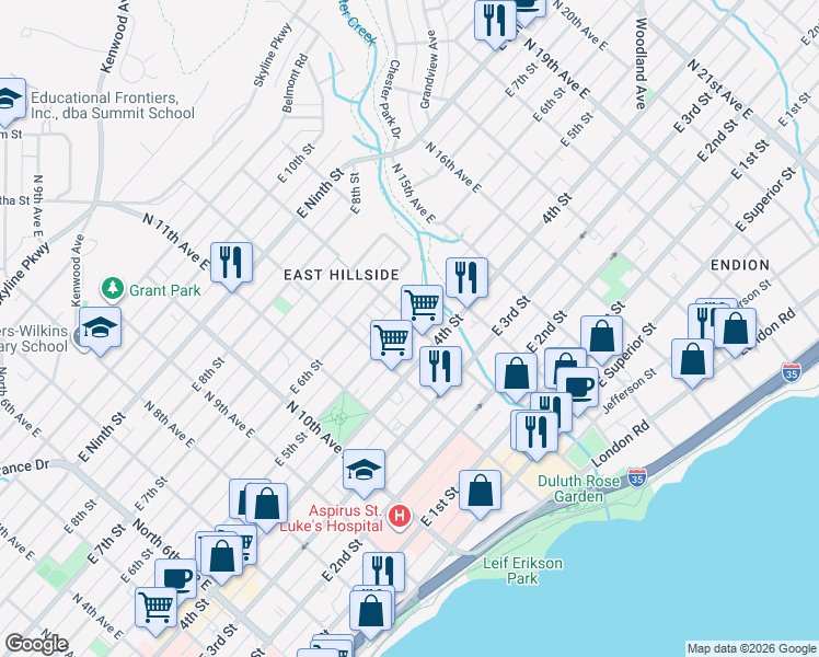 map of restaurants, bars, coffee shops, grocery stores, and more near 511 North 13th Avenue East in Duluth