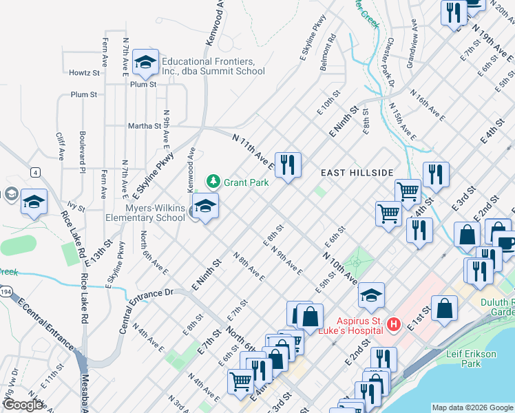 map of restaurants, bars, coffee shops, grocery stores, and more near 921 East 10th Street in Duluth