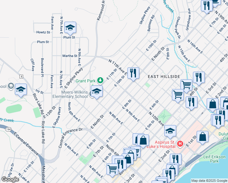 map of restaurants, bars, coffee shops, grocery stores, and more near 921 East 10th Street in Duluth