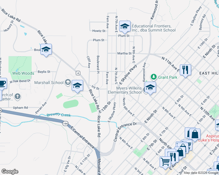 map of restaurants, bars, coffee shops, grocery stores, and more near 1331 Fern Avenue in Duluth