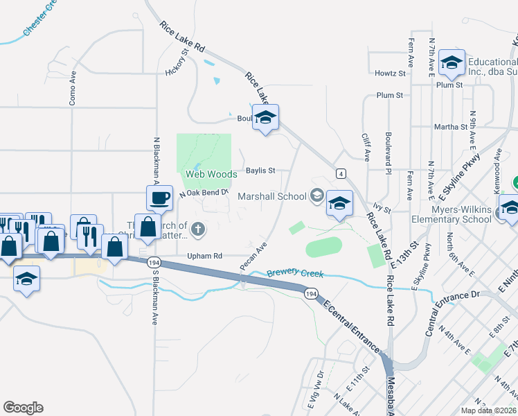 map of restaurants, bars, coffee shops, grocery stores, and more near 321 Wildwood Drive in Duluth
