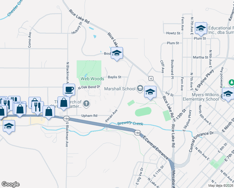 map of restaurants, bars, coffee shops, grocery stores, and more near 321 Wildwood Drive in Duluth
