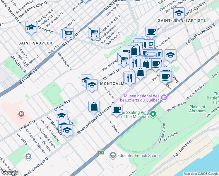 map of restaurants, bars, coffee shops, grocery stores, and more near 435 Chemin Sainte Foy in Quebec