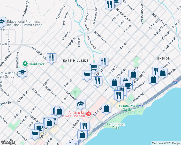map of restaurants, bars, coffee shops, grocery stores, and more near 511 North 13th Avenue East in Duluth