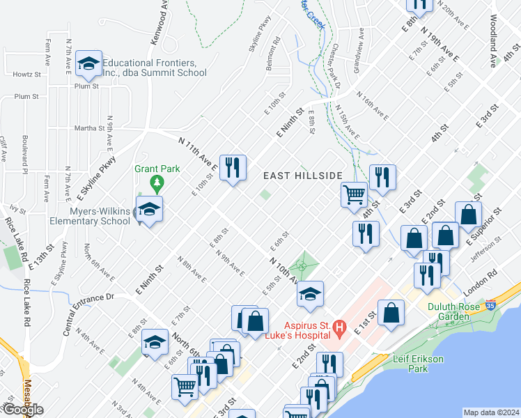 map of restaurants, bars, coffee shops, grocery stores, and more near 751 North 11th Avenue East in Duluth