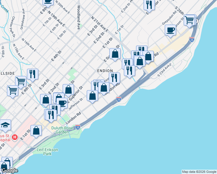 map of restaurants, bars, coffee shops, grocery stores, and more near 201 South 18th Avenue East in Duluth