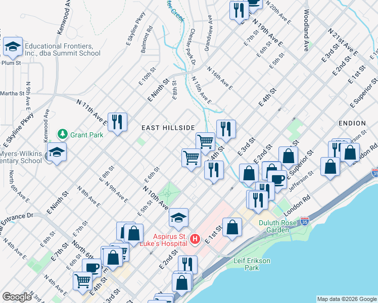 map of restaurants, bars, coffee shops, grocery stores, and more near 511 North 13th Avenue East in Duluth