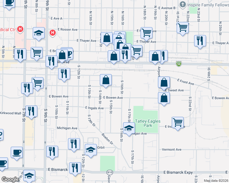 map of restaurants, bars, coffee shops, grocery stores, and more near 1520 East Sweet Avenue in Bismarck