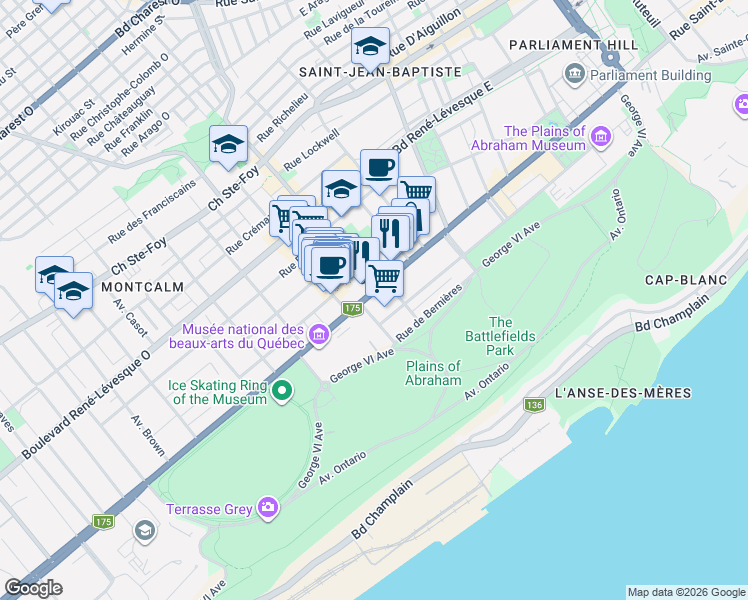 map of restaurants, bars, coffee shops, grocery stores, and more near 19 Grande Allée Est in Québec
