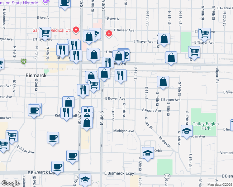 map of restaurants, bars, coffee shops, grocery stores, and more near 1001 East Sweet Avenue in Bismarck