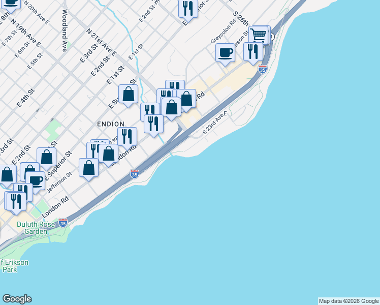 map of restaurants, bars, coffee shops, grocery stores, and more near 2001 East Water Street in Duluth