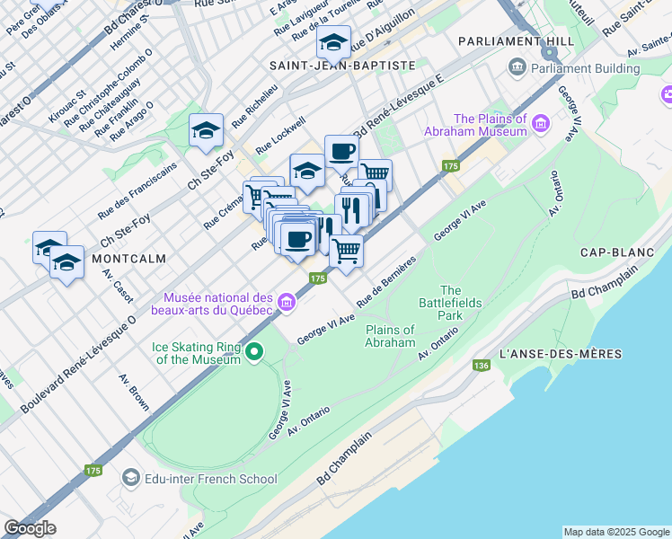 map of restaurants, bars, coffee shops, grocery stores, and more near 15 Grande Allée Est in Québec