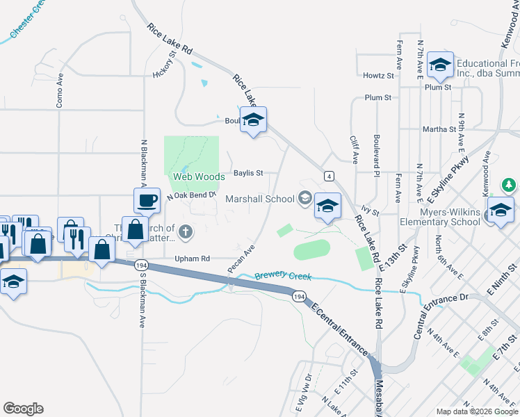 map of restaurants, bars, coffee shops, grocery stores, and more near 321 Wildwood Drive in Duluth
