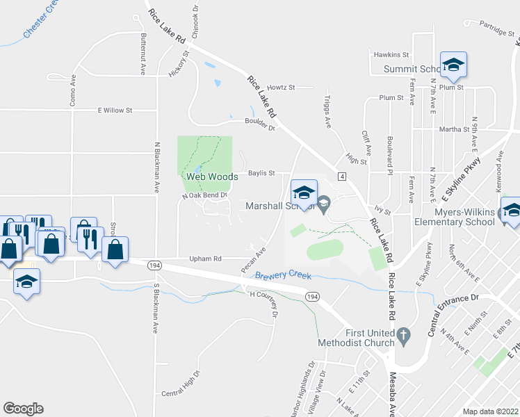 map of restaurants, bars, coffee shops, grocery stores, and more near 321 Wildwood Drive in Duluth