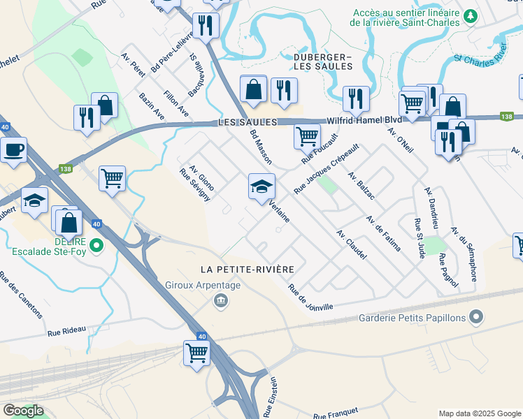 map of restaurants, bars, coffee shops, grocery stores, and more near 4400 Rue Jacques Crépeault in Québec