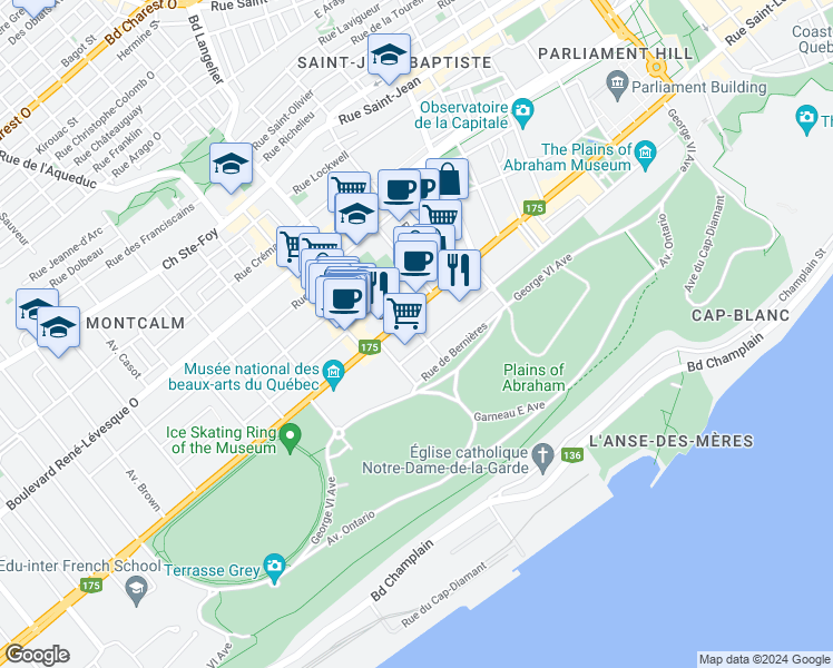 map of restaurants, bars, coffee shops, grocery stores, and more near 1220 Avenue Galipeault in Quebec
