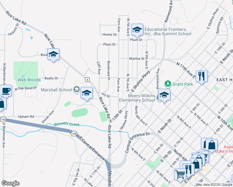 map of restaurants, bars, coffee shops, grocery stores, and more near 1331 Fern Avenue in Duluth