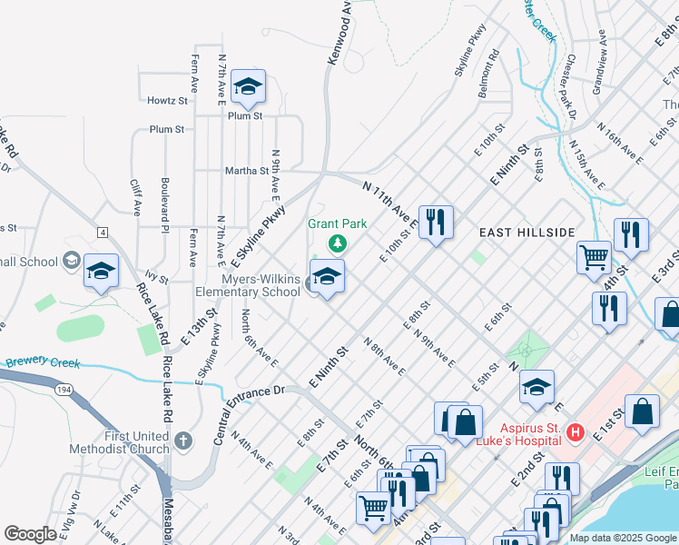 map of restaurants, bars, coffee shops, grocery stores, and more near 1021 North 9th Avenue East in Duluth