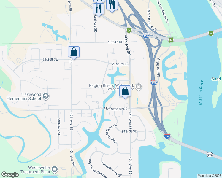 map of restaurants, bars, coffee shops, grocery stores, and more near 2318 Lexi Loop Southeast in Mandan