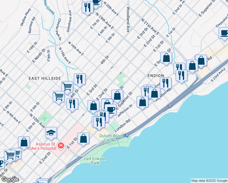 map of restaurants, bars, coffee shops, grocery stores, and more near 1522 East 2nd Street in Duluth
