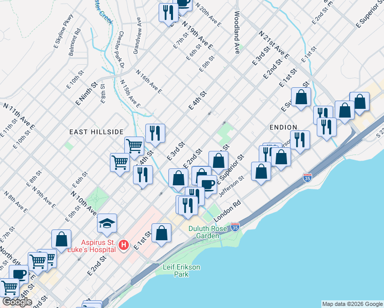 map of restaurants, bars, coffee shops, grocery stores, and more near 212 North 15th Avenue East in Duluth