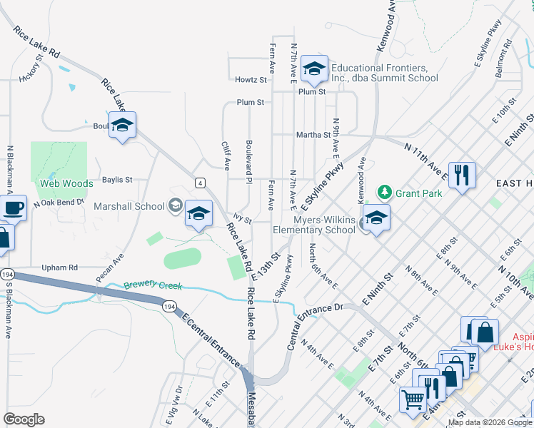 map of restaurants, bars, coffee shops, grocery stores, and more near 1331 Fern Avenue in Duluth