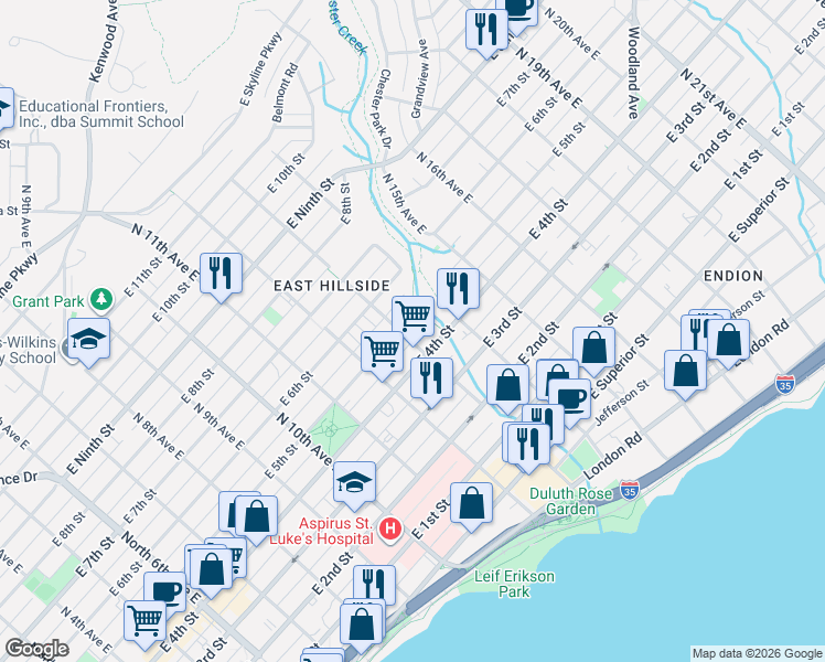 map of restaurants, bars, coffee shops, grocery stores, and more near 1312 East 5th Street in Duluth