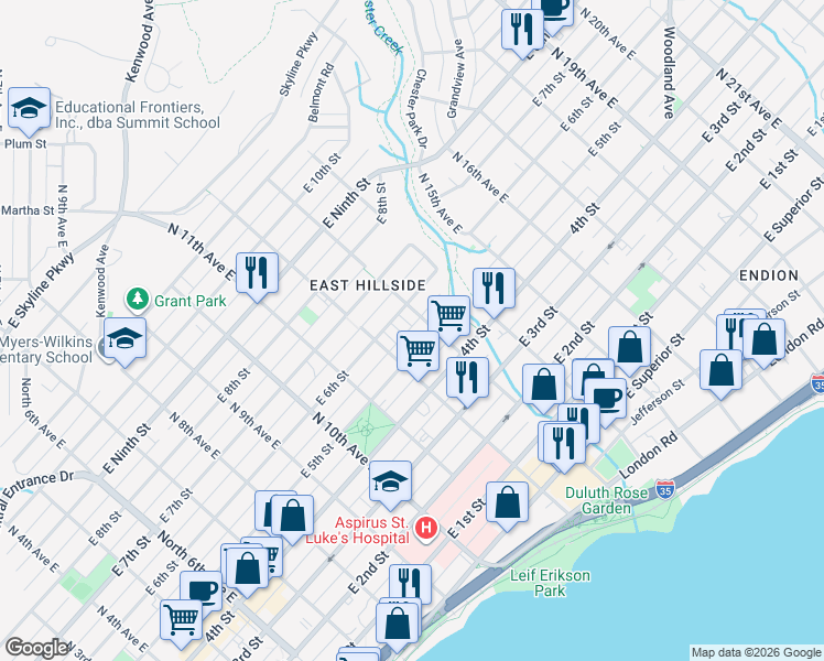 map of restaurants, bars, coffee shops, grocery stores, and more near 1221 East 5th Street in Duluth