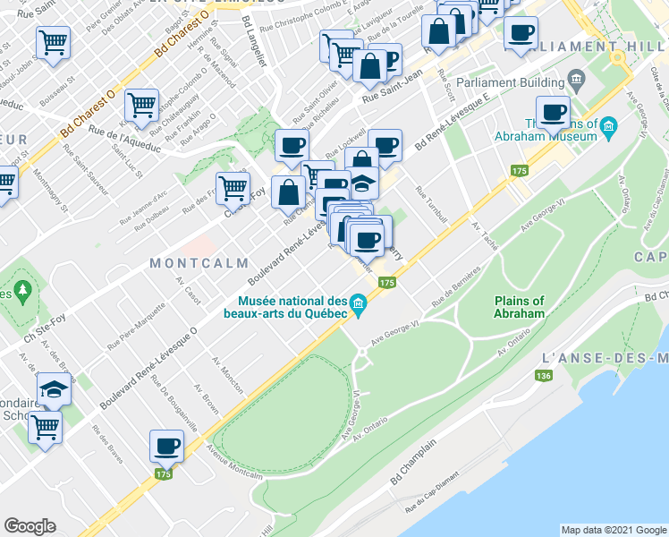 map of restaurants, bars, coffee shops, grocery stores, and more near 170 Rue Aberdeen in Québec