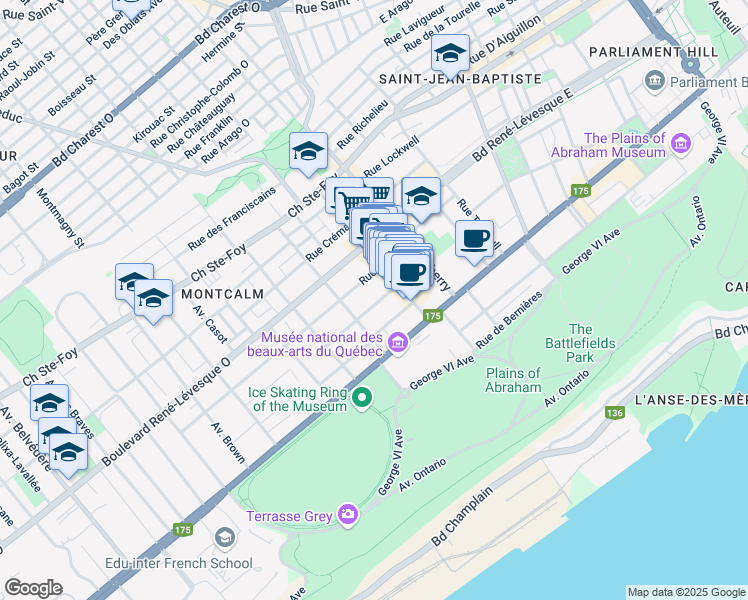 map of restaurants, bars, coffee shops, grocery stores, and more near 168 Rue Aberdeen in Québec