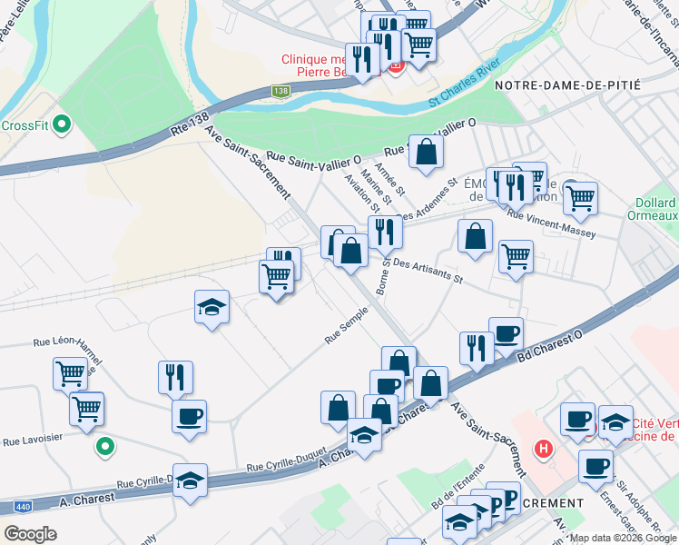 map of restaurants, bars, coffee shops, grocery stores, and more near 332 Avenue Saint-Sacrement in Québec City