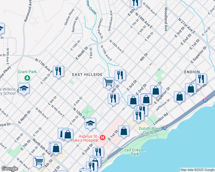 map of restaurants, bars, coffee shops, grocery stores, and more near 426 North 13th Avenue East in Duluth