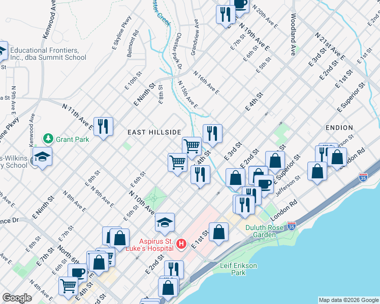 map of restaurants, bars, coffee shops, grocery stores, and more near 1312 East 5th Street in Duluth