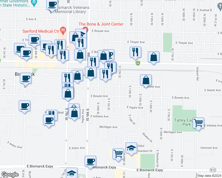 map of restaurants, bars, coffee shops, grocery stores, and more near 307 South 11th Street in Bismarck