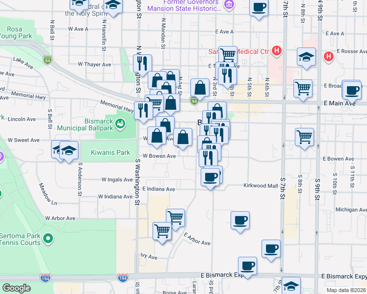 map of restaurants, bars, coffee shops, grocery stores, and more near 101 West Sweet Avenue in Bismarck