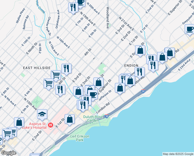 map of restaurants, bars, coffee shops, grocery stores, and more near 1522 East 2nd Street in Duluth