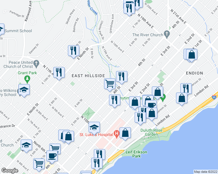 map of restaurants, bars, coffee shops, grocery stores, and more near 1312 East 5th Street in Duluth