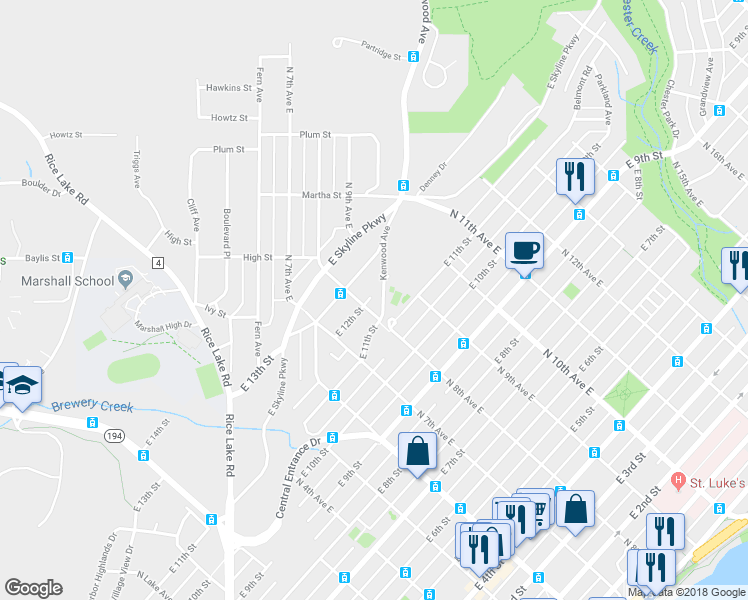 map of restaurants, bars, coffee shops, grocery stores, and more near 1114 North 8th Avenue East in Duluth