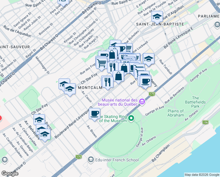 map of restaurants, bars, coffee shops, grocery stores, and more near 985 Avenue des Érables in Ville de Québec