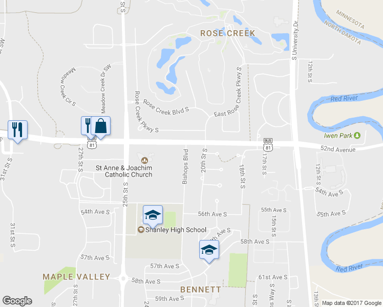 map of restaurants, bars, coffee shops, grocery stores, and more near 5256 Bishops Boulevard in Fargo