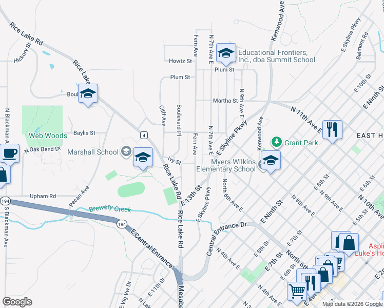 map of restaurants, bars, coffee shops, grocery stores, and more near 1331 Fern Avenue in Duluth