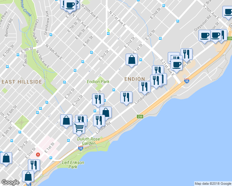 map of restaurants, bars, coffee shops, grocery stores, and more near 1629 East Superior Street in Duluth