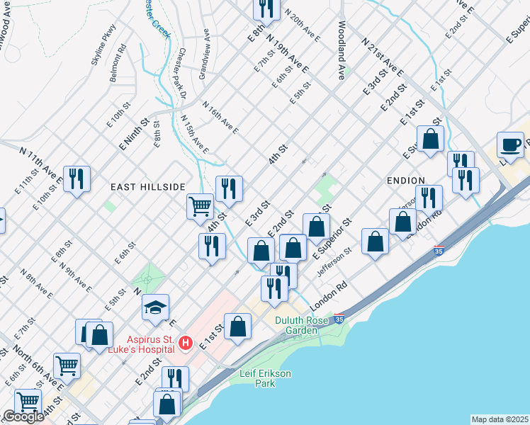 map of restaurants, bars, coffee shops, grocery stores, and more near 1417 East 3rd Street in Duluth
