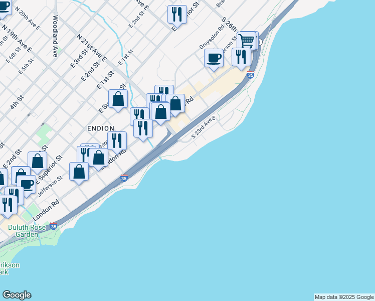 map of restaurants, bars, coffee shops, grocery stores, and more near 2001 East Water Street in Duluth