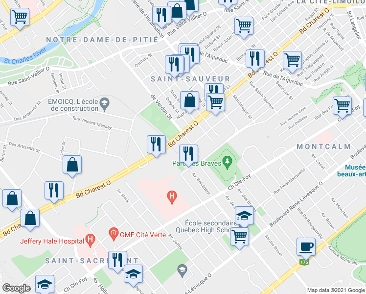 map of restaurants, bars, coffee shops, grocery stores, and more near 875 Boulevard Charest Ouest in Québec