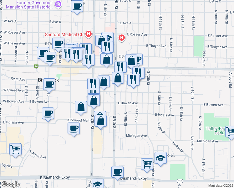 map of restaurants, bars, coffee shops, grocery stores, and more near 801-899 East Sweet Avenue in Bismarck