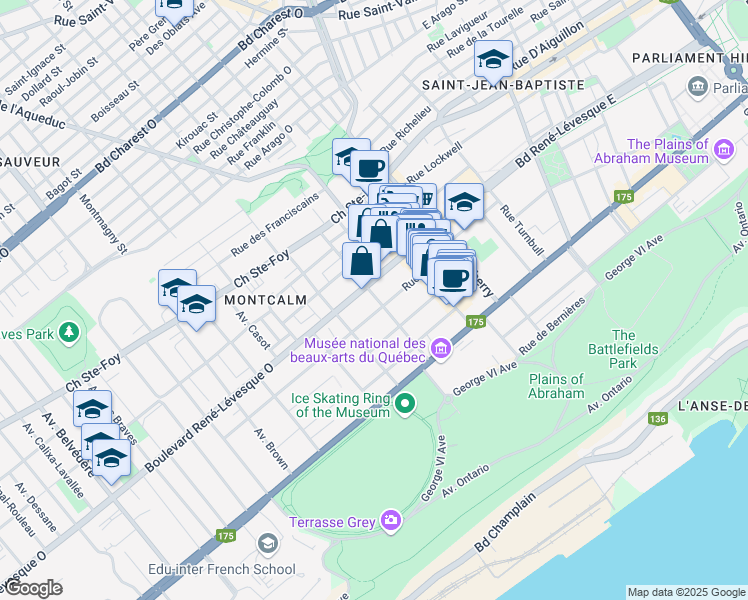 map of restaurants, bars, coffee shops, grocery stores, and more near 1040 Avenue de Bourlamaque in Québec