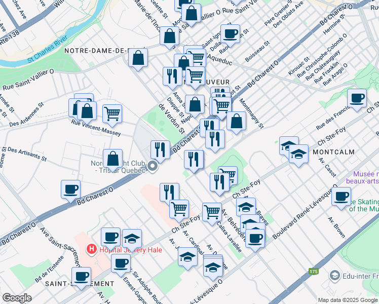map of restaurants, bars, coffee shops, grocery stores, and more near 75 Boulevard Charest Ouest in Québec